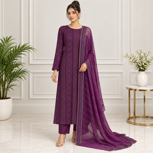 Plum Royale Embroidered Chiffon 2-Piece – Design 413 — model styling
