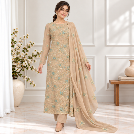 Peach Sage Embroidered Chiffon 2-Piece – Design 414 — model styling