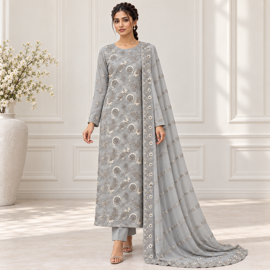 Silver Bloom Embroidered Chiffon 2-Piece – Design 415 — model styling