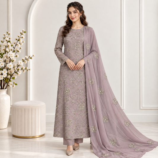 Mauve Whisper Embroidered Chiffon 2-Piece – Design 416 — model styling