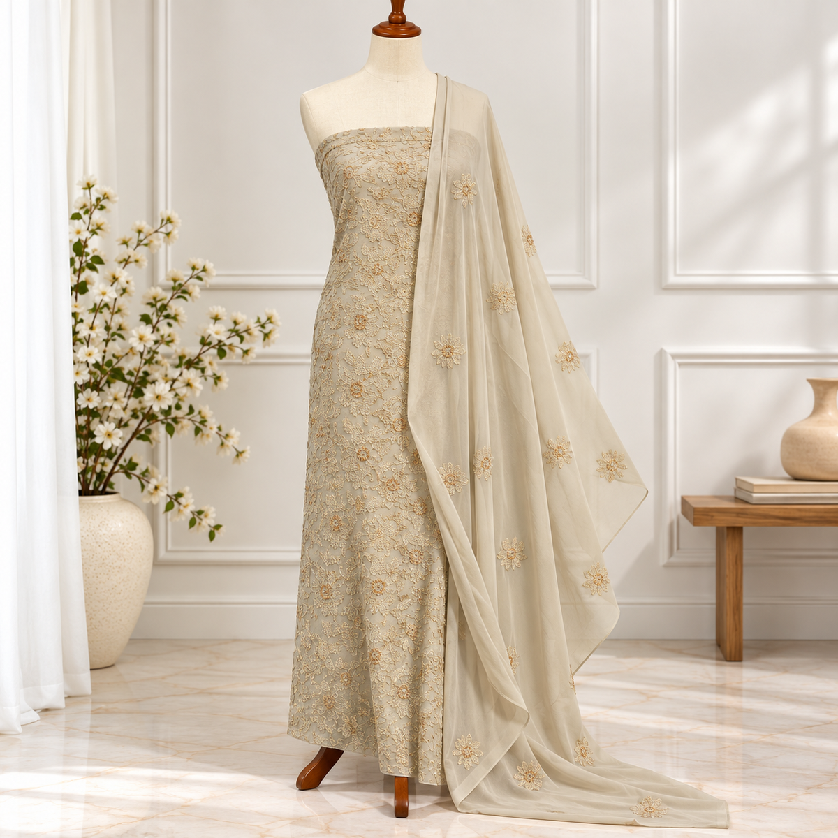 Champagne Garden Embroidered Chiffon 2-Piece – Design 379