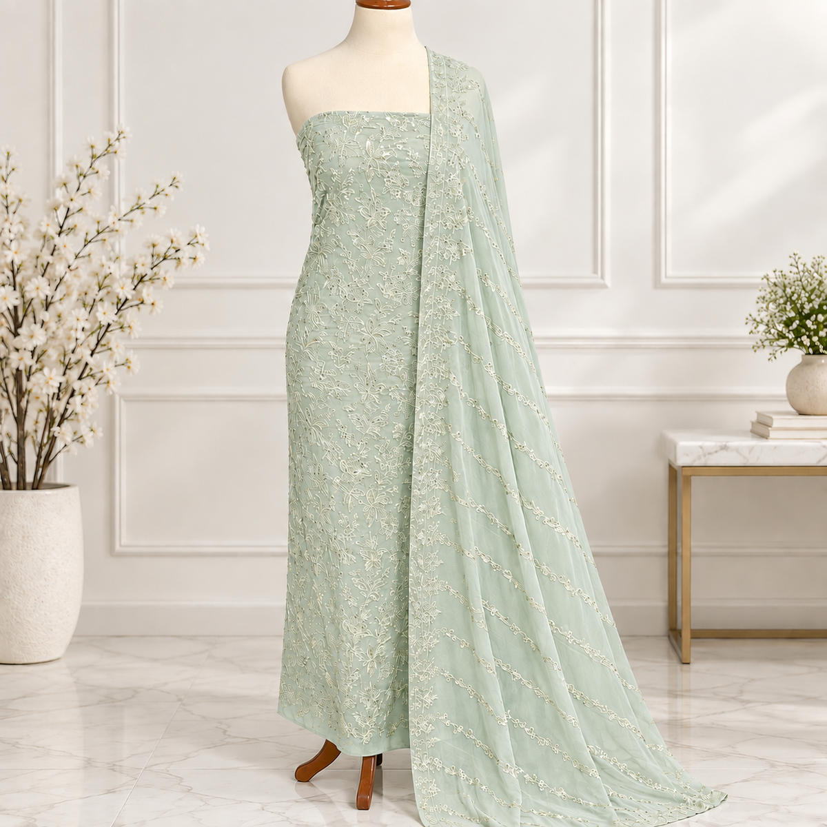 Pistachio Lace Embroidered Chiffon 2-Piece – Design 10058