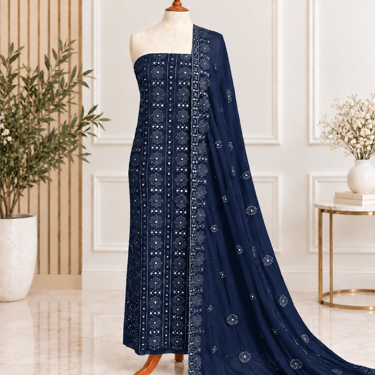 Navy Mosaic Embroidered Chiffon 2-Piece – Design 381
