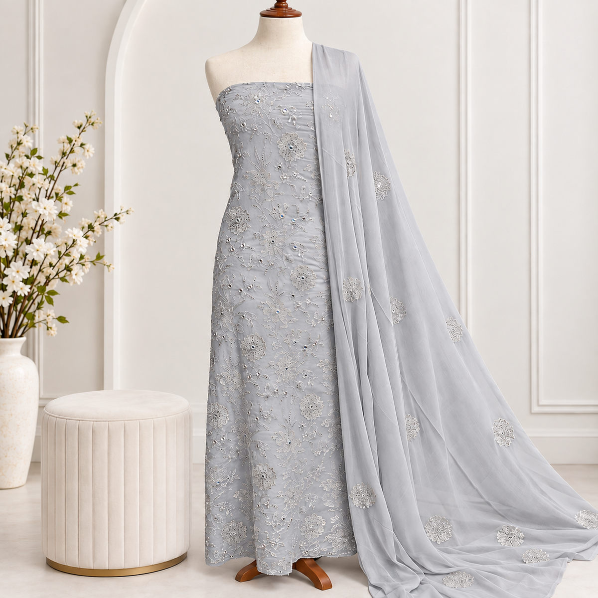 Silver Cloud Embroidered Chiffon 2-Piece – Design 382