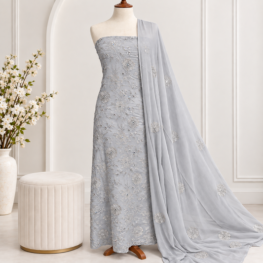 Silver Cloud Embroidered Chiffon 2-Piece – Design 10060