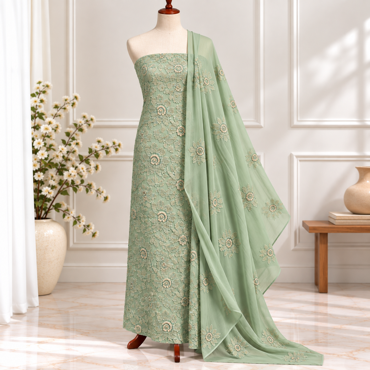Mint Garden Embroidered Chiffon 2-Piece – Design 383