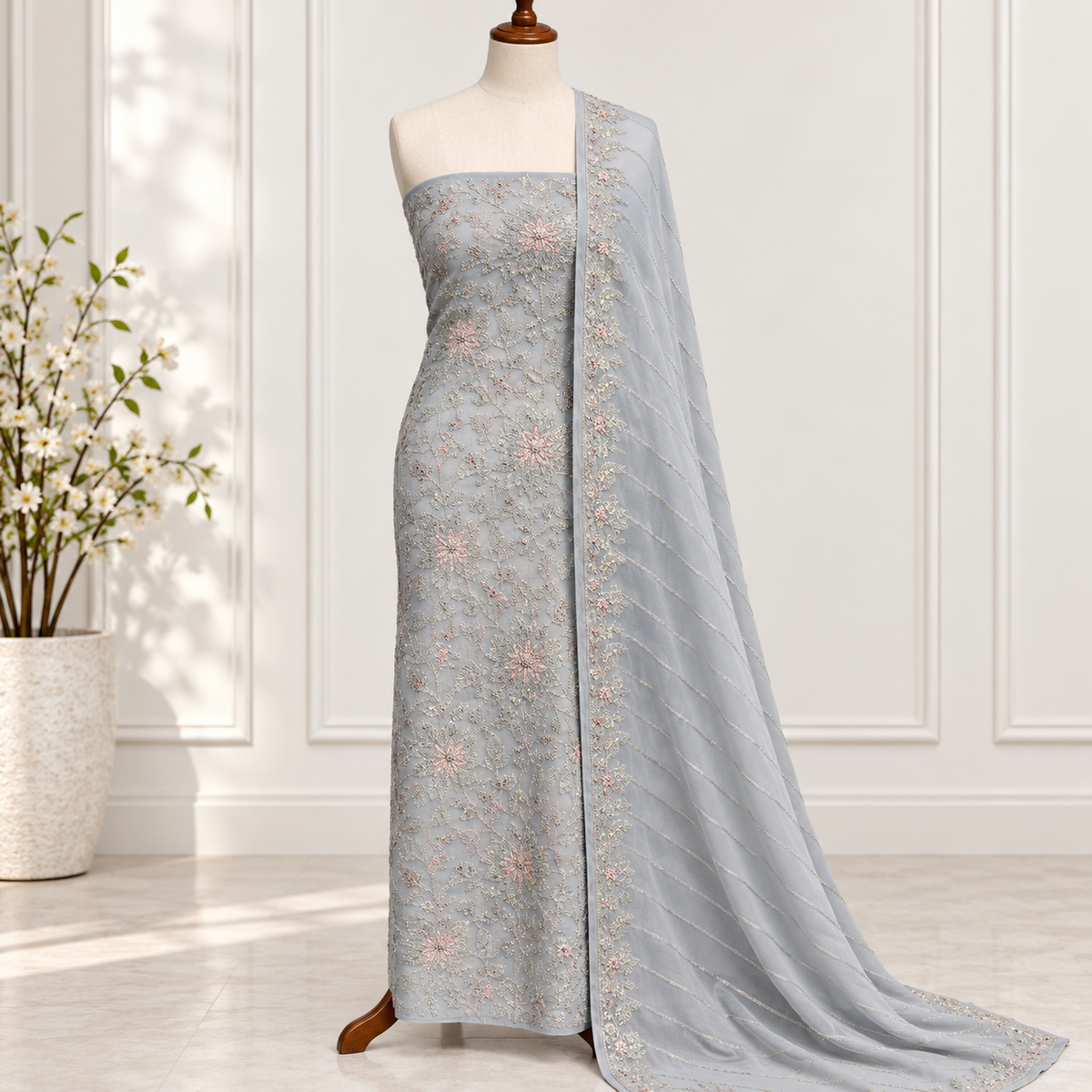 Pearl Grey Blossom Embroidered Chiffon 2-Piece – Design 384