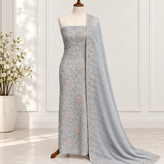 Pearl Grey Blossom Embroidered Chiffon 2-Piece – Design 10062