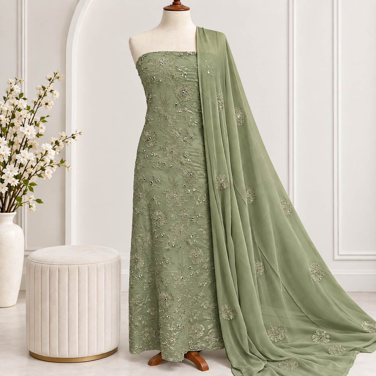 Olive Bloom Embroidered Chiffon 2-Piece – Design 385