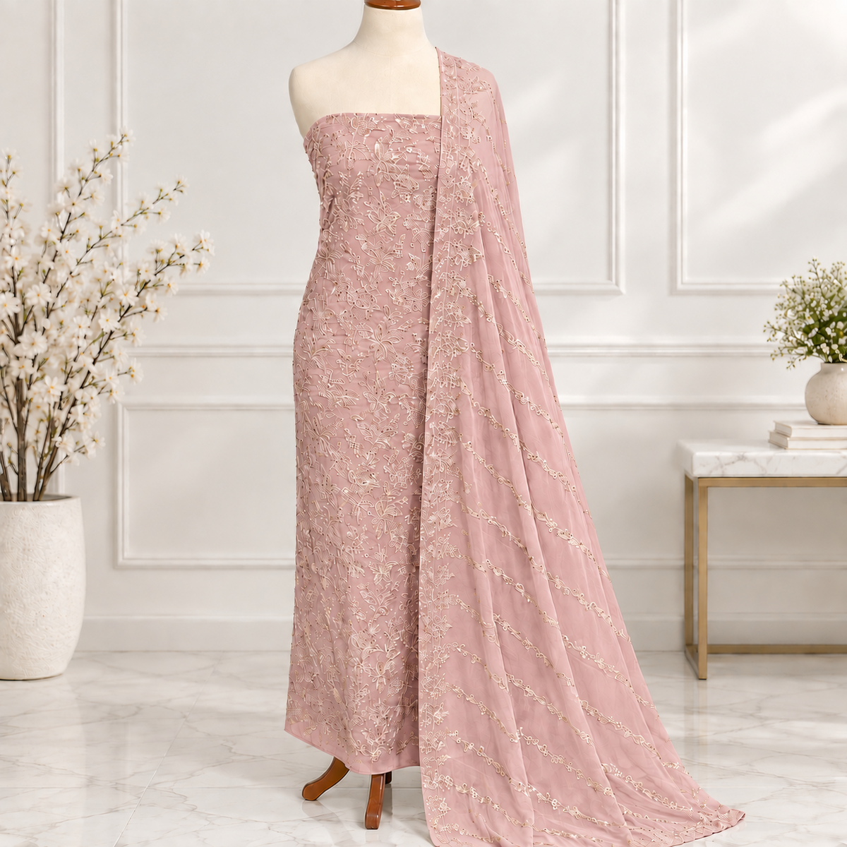 Dusty Pink Lace Embroidered Chiffon 2-Piece – Design 387