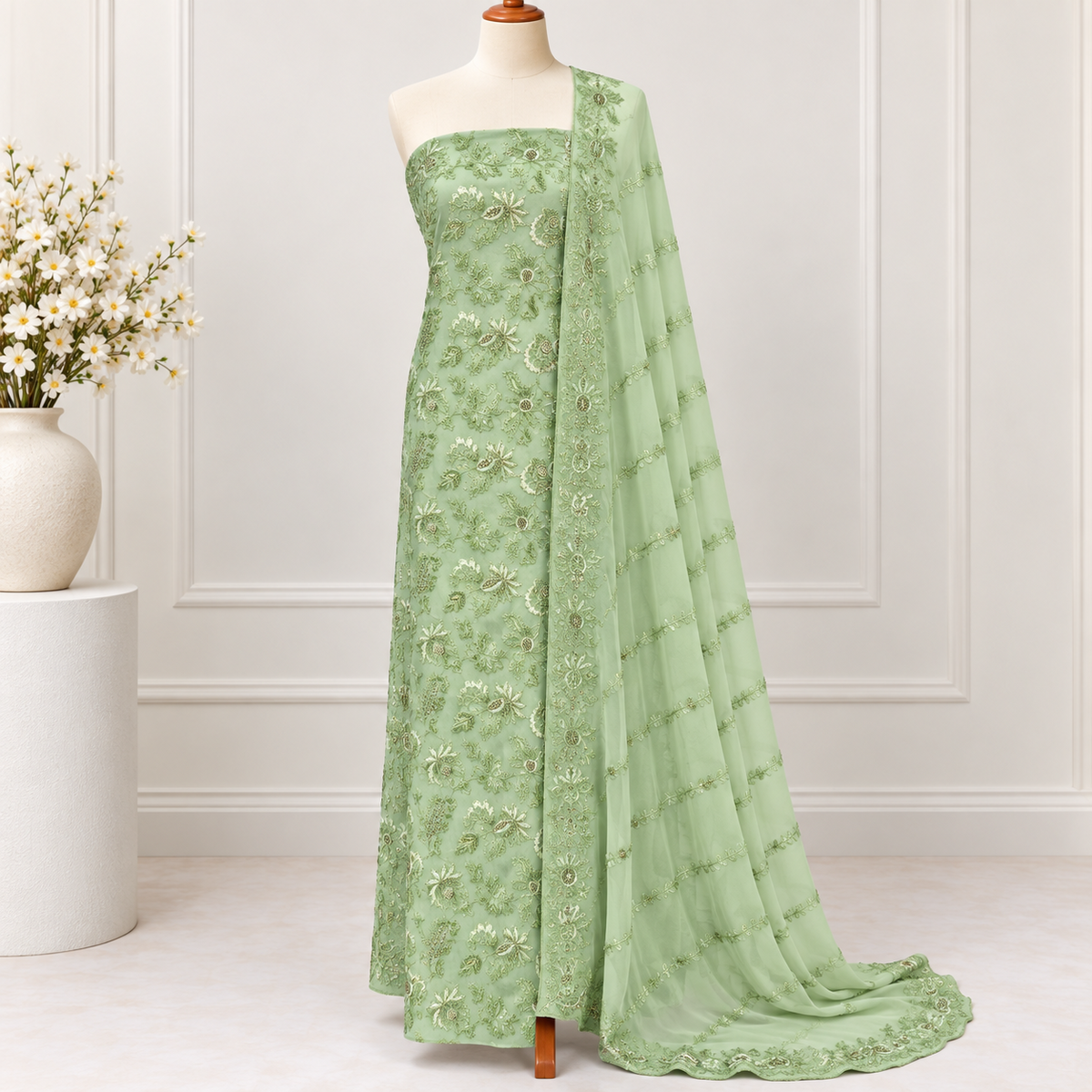 Pistachio Bloom Embroidered Chiffon 2-Piece – Design 388