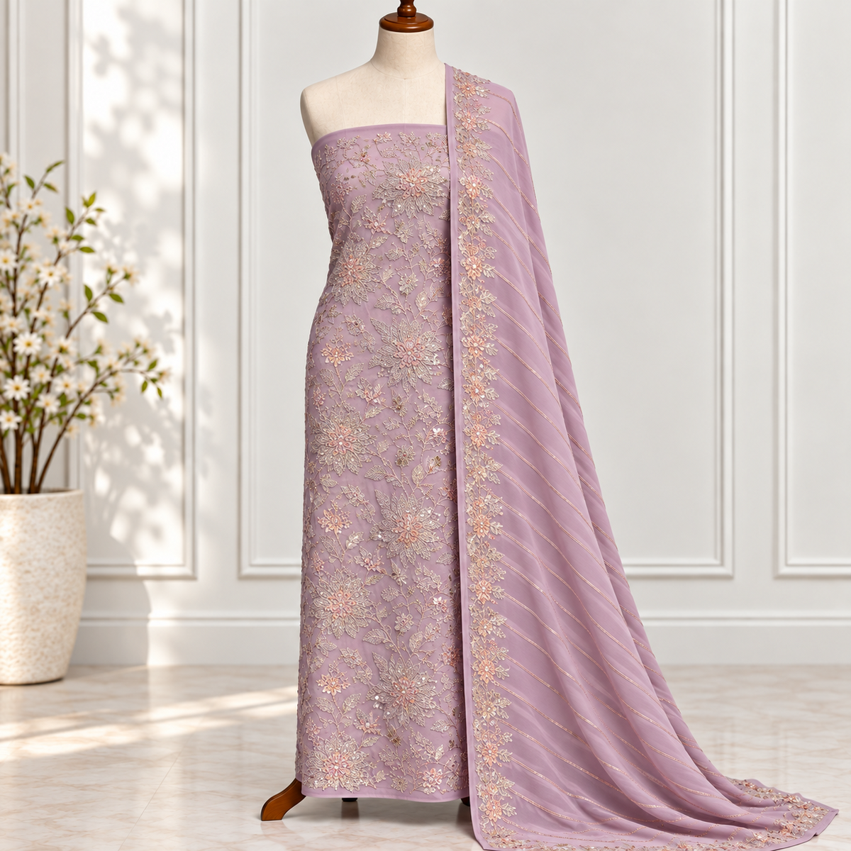 Lavender Gold Embroidered Chiffon 2-Piece – Design 391
