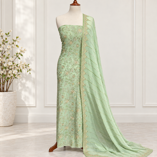 Mint Gold Blossom Embroidered Chiffon 2-Piece – Design 10070