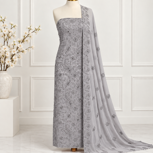 Silver Lace Embroidered Chiffon 2-Piece – Design 10071