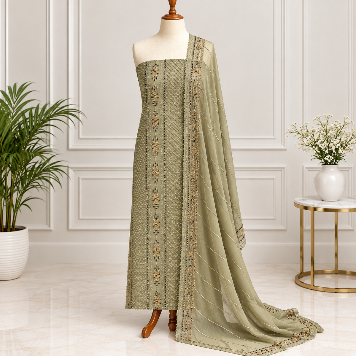 Olive Heritage Embroidered Chiffon 2-Piece – Design 394