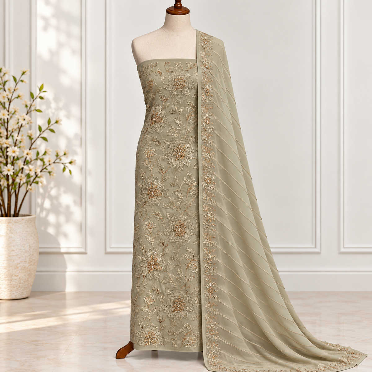 Sand Blossom Embroidered Chiffon 2-Piece – Design 395