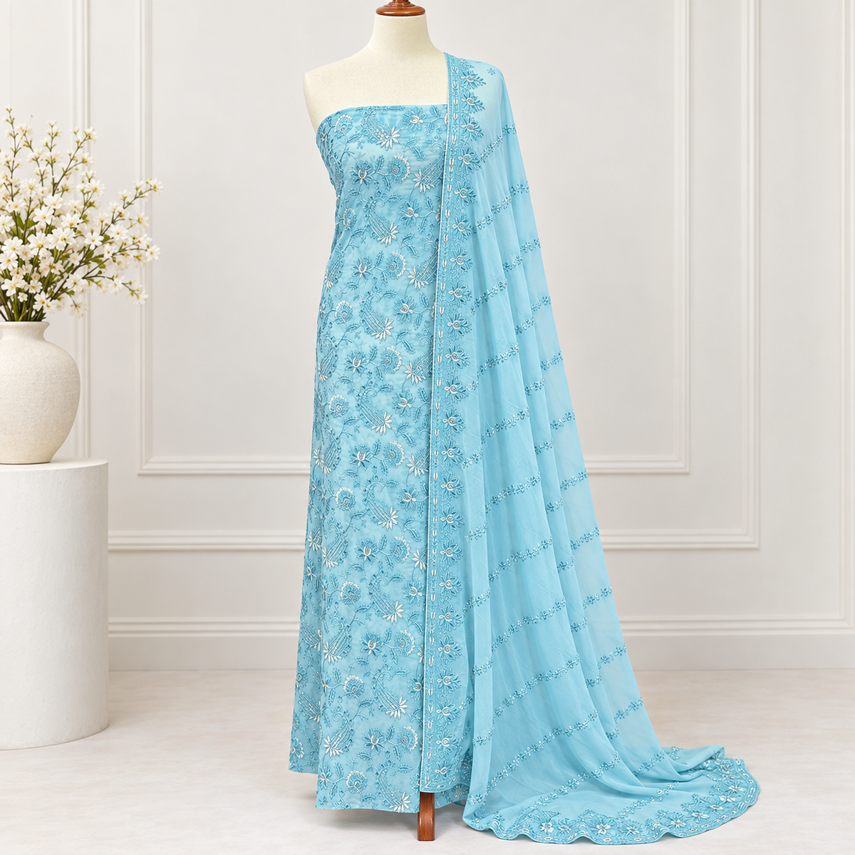Aqua Lace Embroidered Chiffon 2-Piece – Design 396