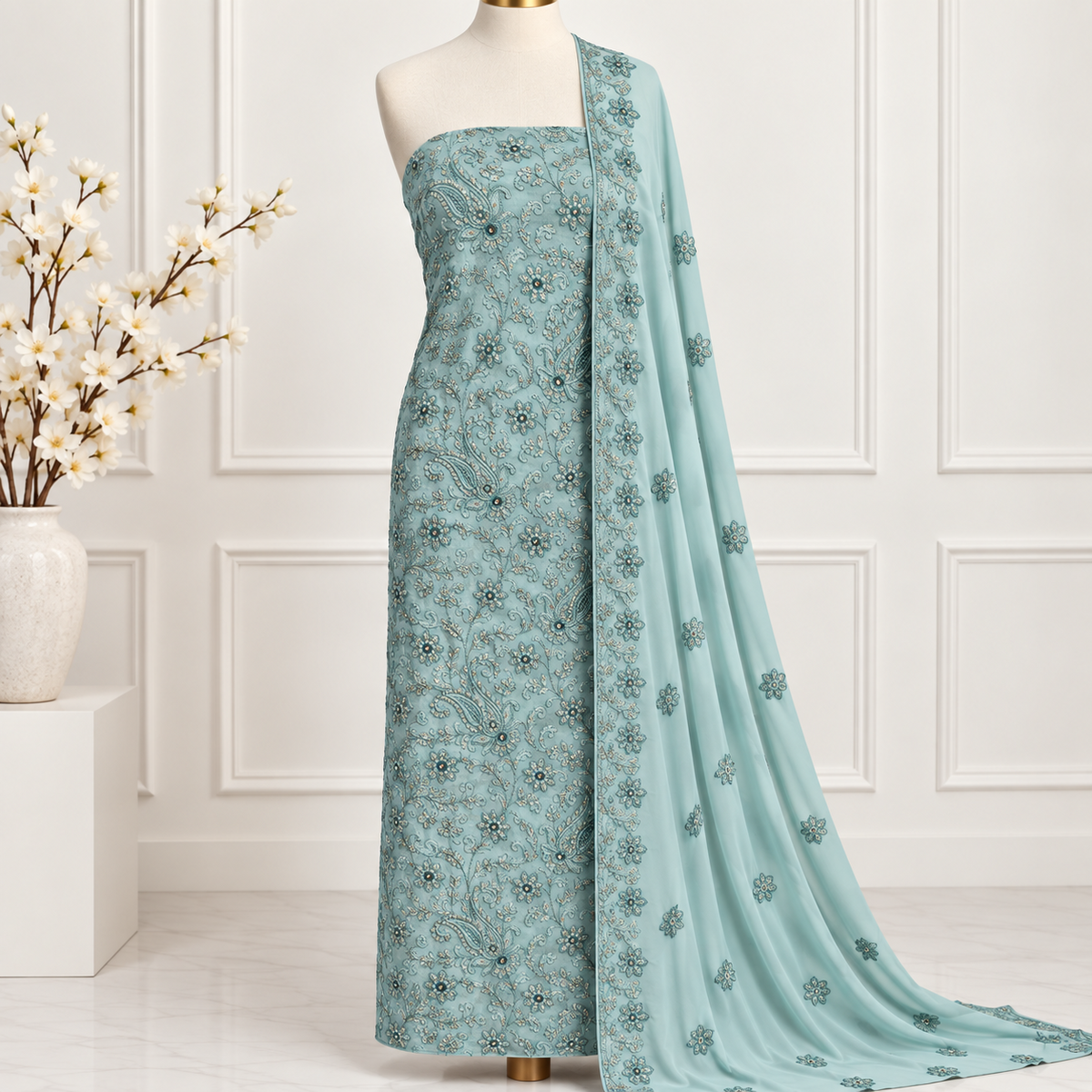 Seafoam Garden Embroidered Chiffon 2-Piece – Design 398