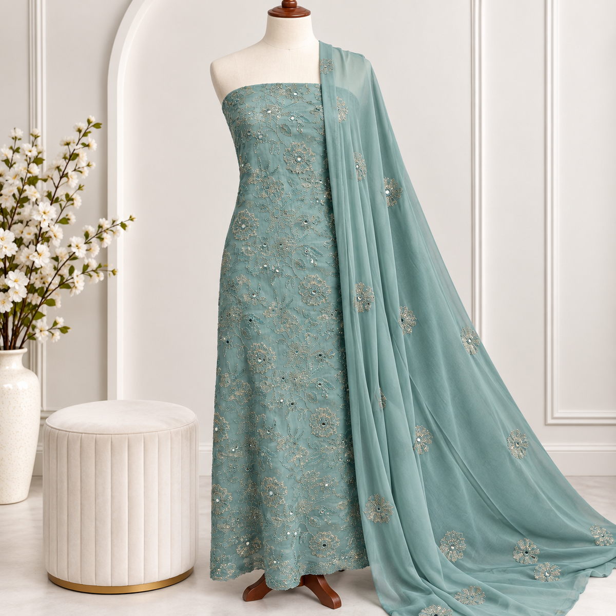 Teal Garden Embroidered Chiffon 2-Piece – Design 401