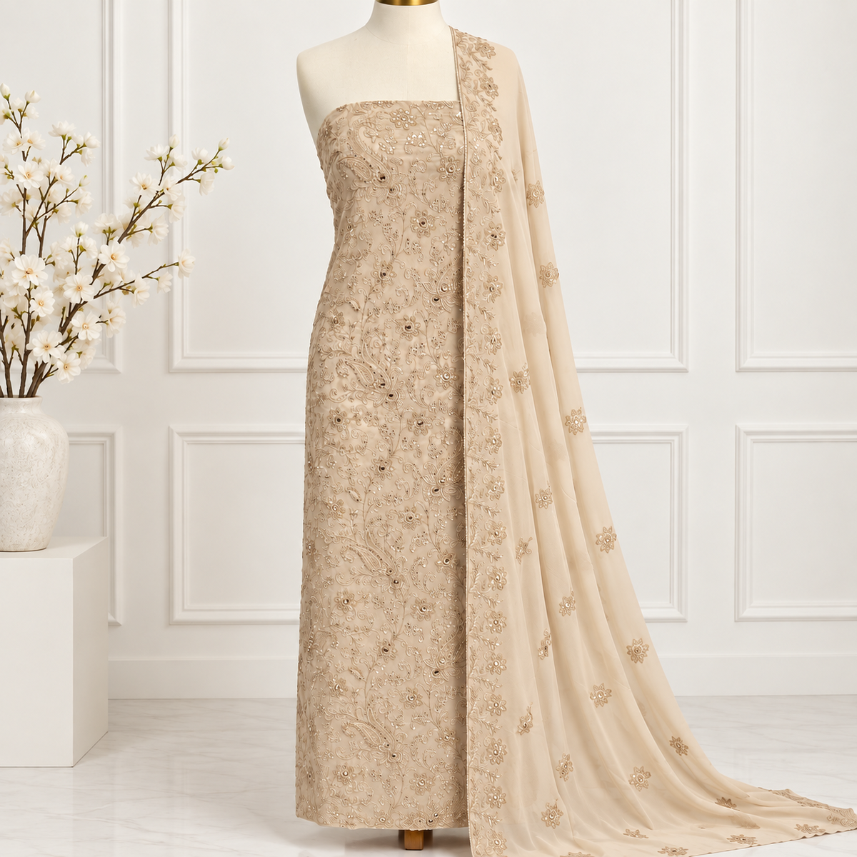 Champagne Blossom Embroidered Chiffon 2-Piece – Design 402
