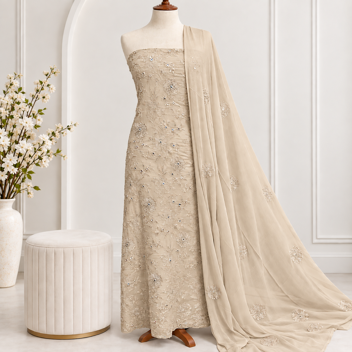 Champagne Pearl Embroidered Chiffon 2-Piece – Design 403
