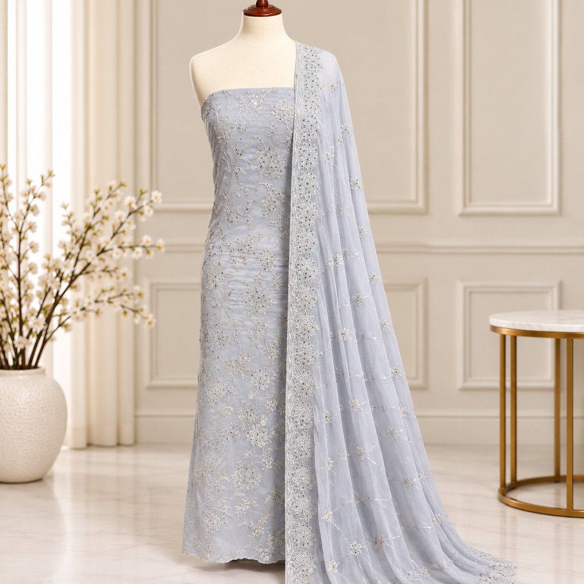 Ice Blue Grace Embroidered Chiffon 2-Piece – Design 406