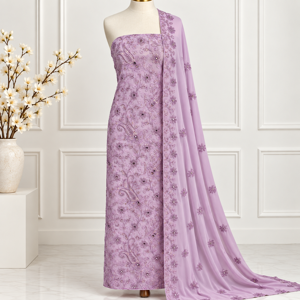 Orchid Garden Embroidered Chiffon 2-Piece – Design 409