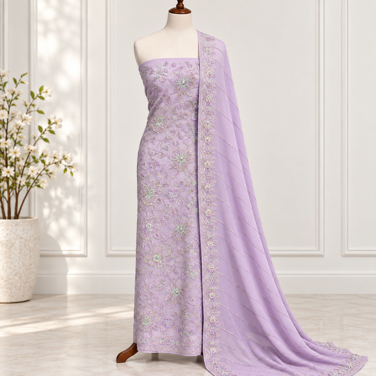Lavender Pearl Embroidered Chiffon 2-Piece – Design 410