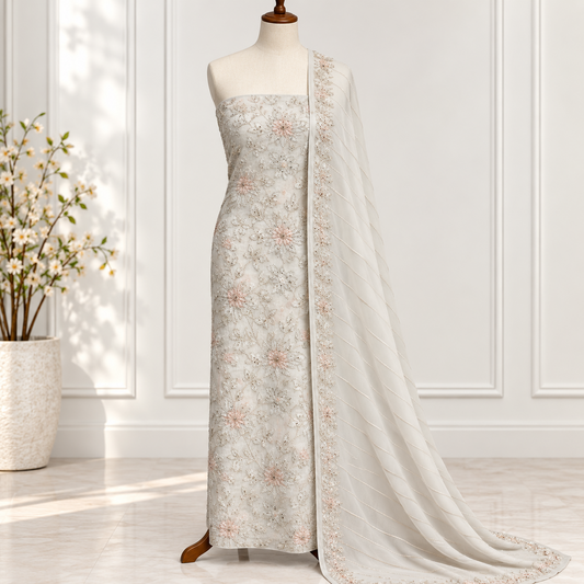 Ivory Petal Embroidered Chiffon 2-Piece – Design 411