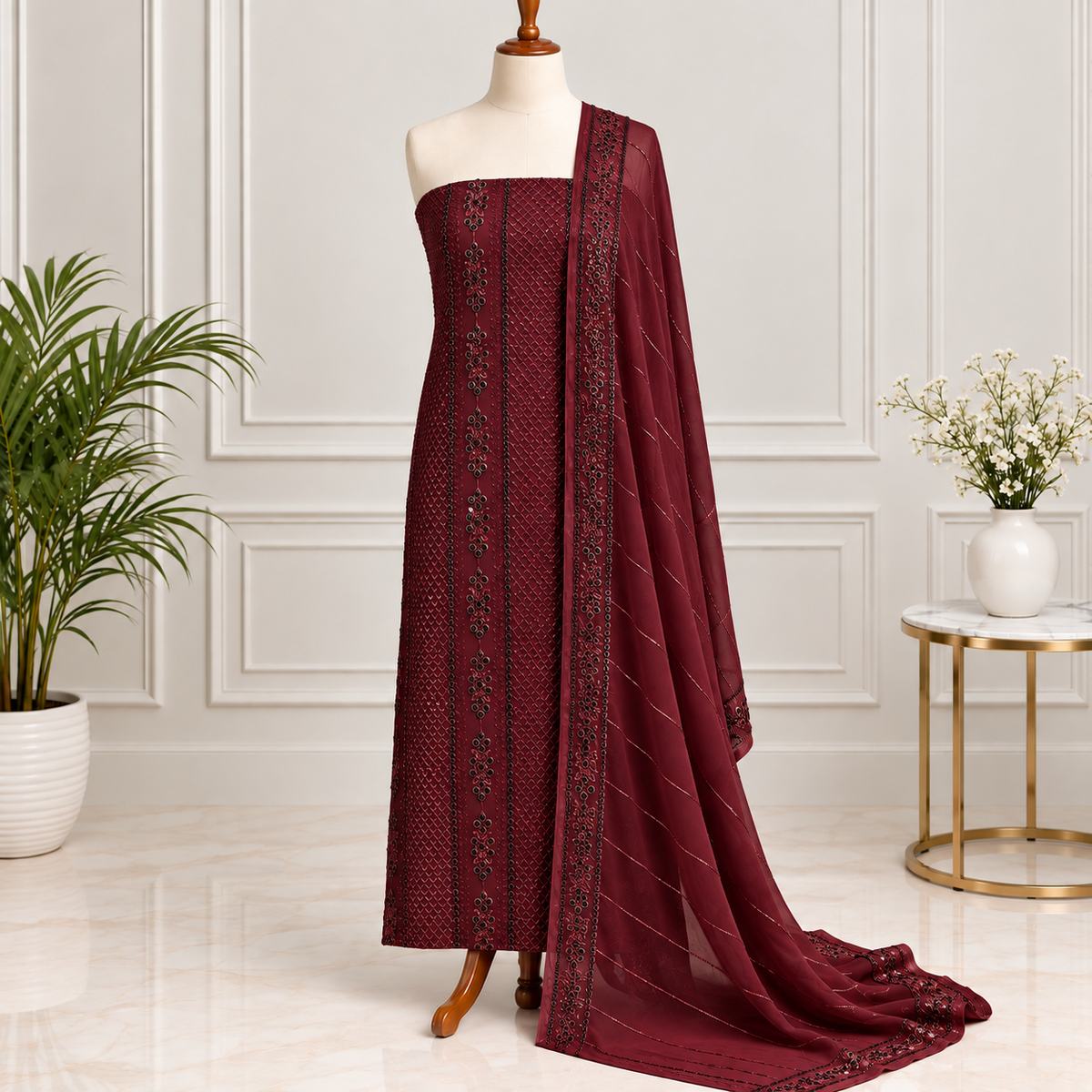 Burgundy Elegance Embroidered Chiffon 2-Piece – Design 412