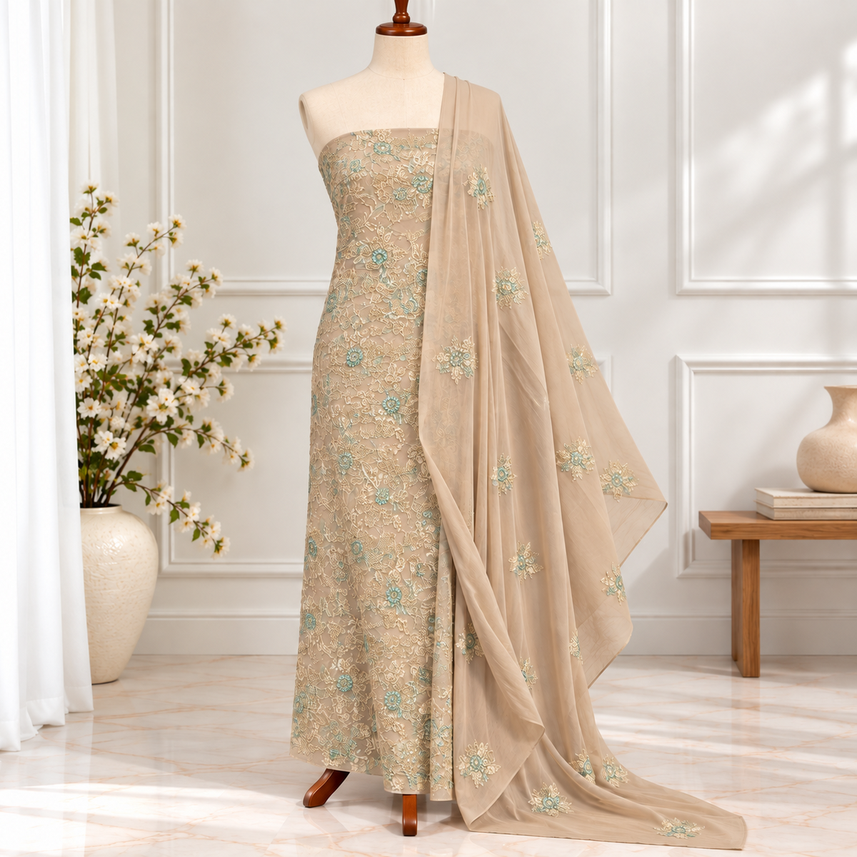 Peach Sage Embroidered Chiffon 2-Piece – Design 414