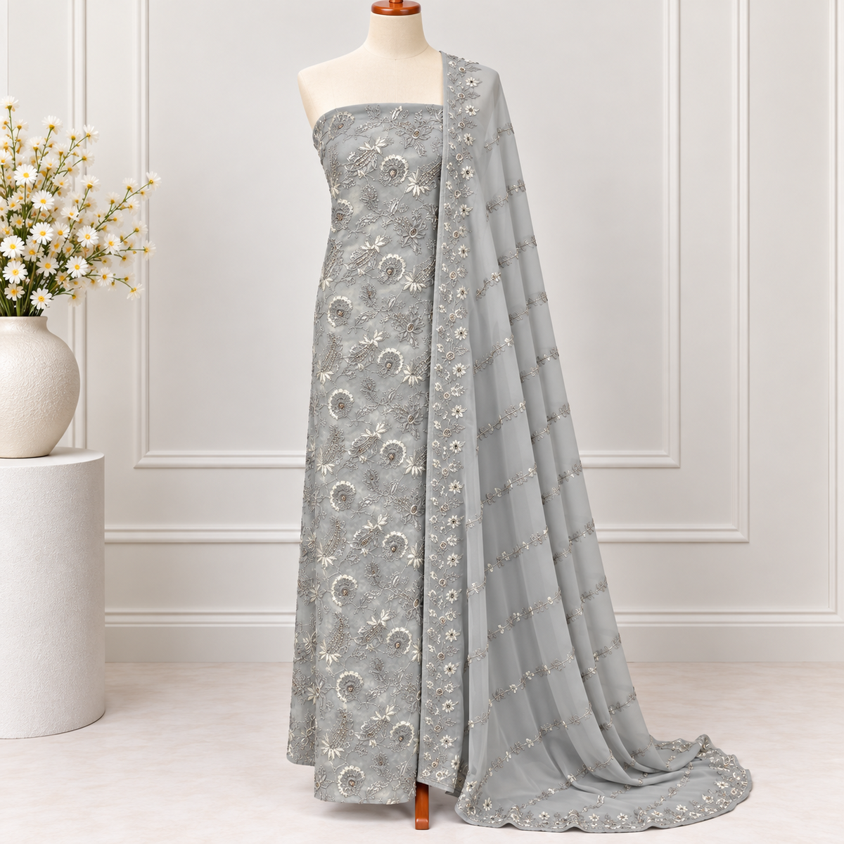 Silver Bloom Embroidered Chiffon 2-Piece – Design 415