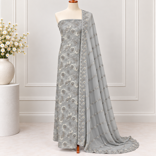 Silver Bloom Embroidered Chiffon 2-Piece – Design 415
