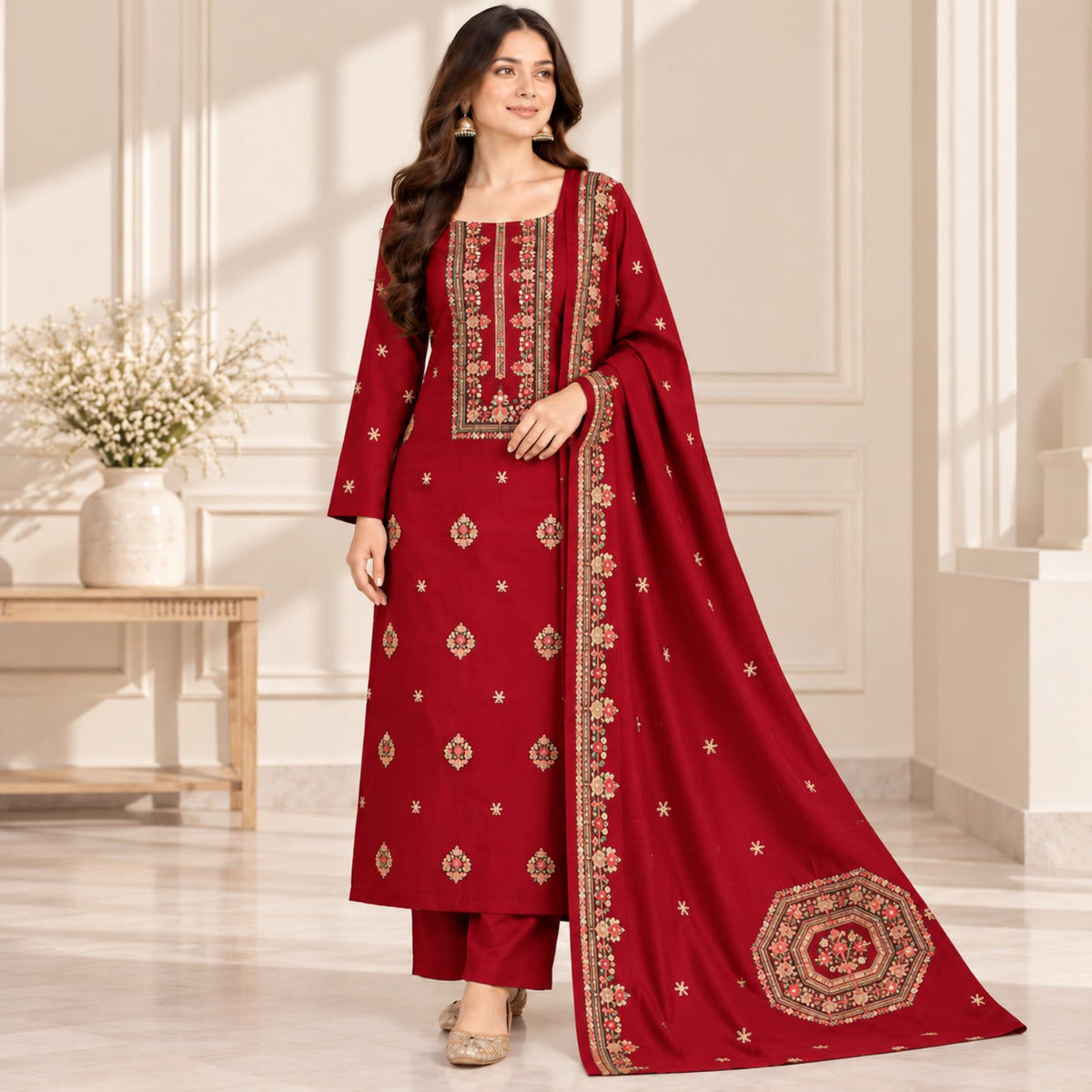 Maroon Dhanak Embroidered 3-Piece Suit — Design 10091 | TANIAZE
