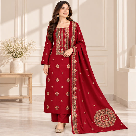 Maroon Dhanak Embroidered 3-Piece Suit — Design 10091 | TANIAZE