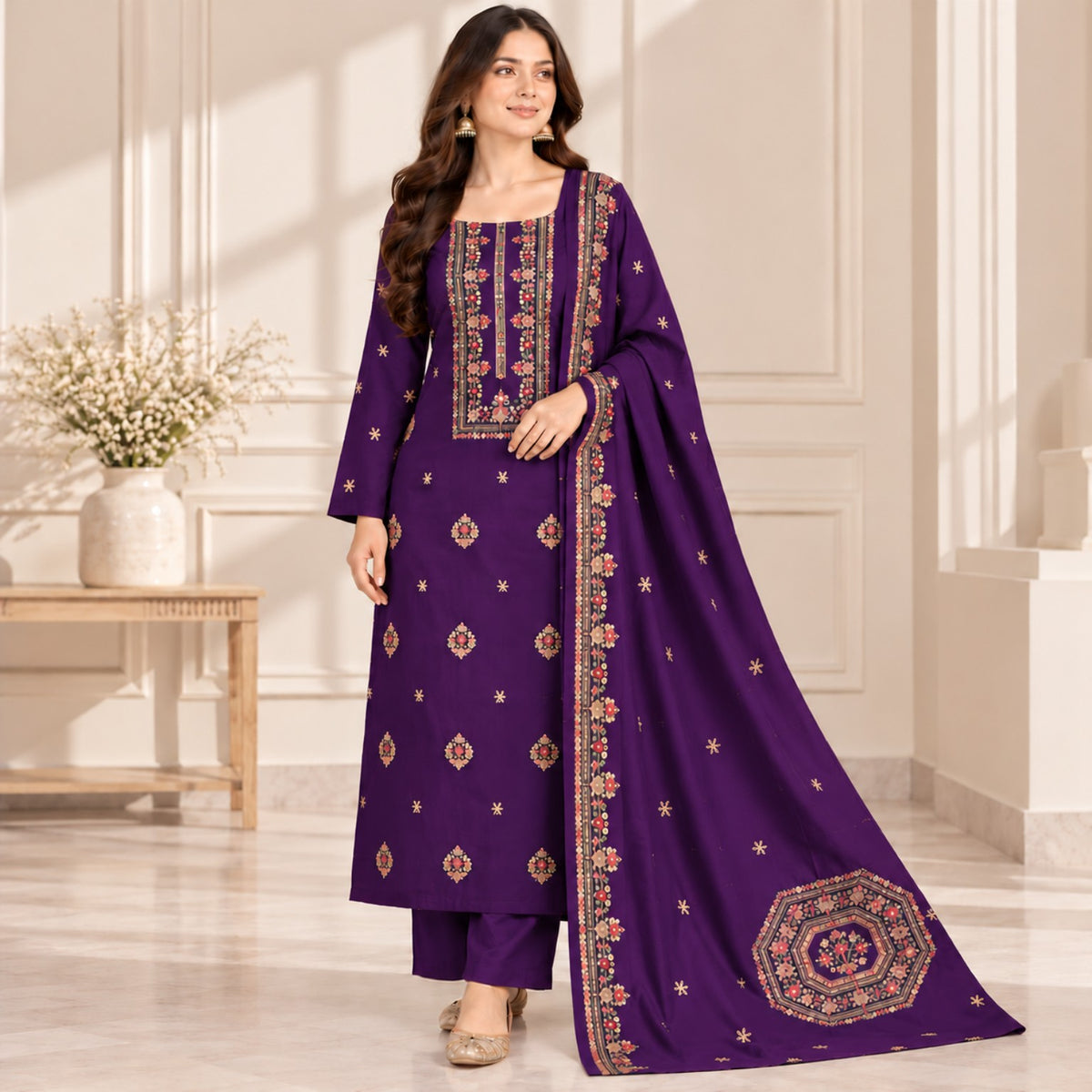 Purple Dhanak Embroidered 3-Piece Suit — Design 10092 | TANIAZE