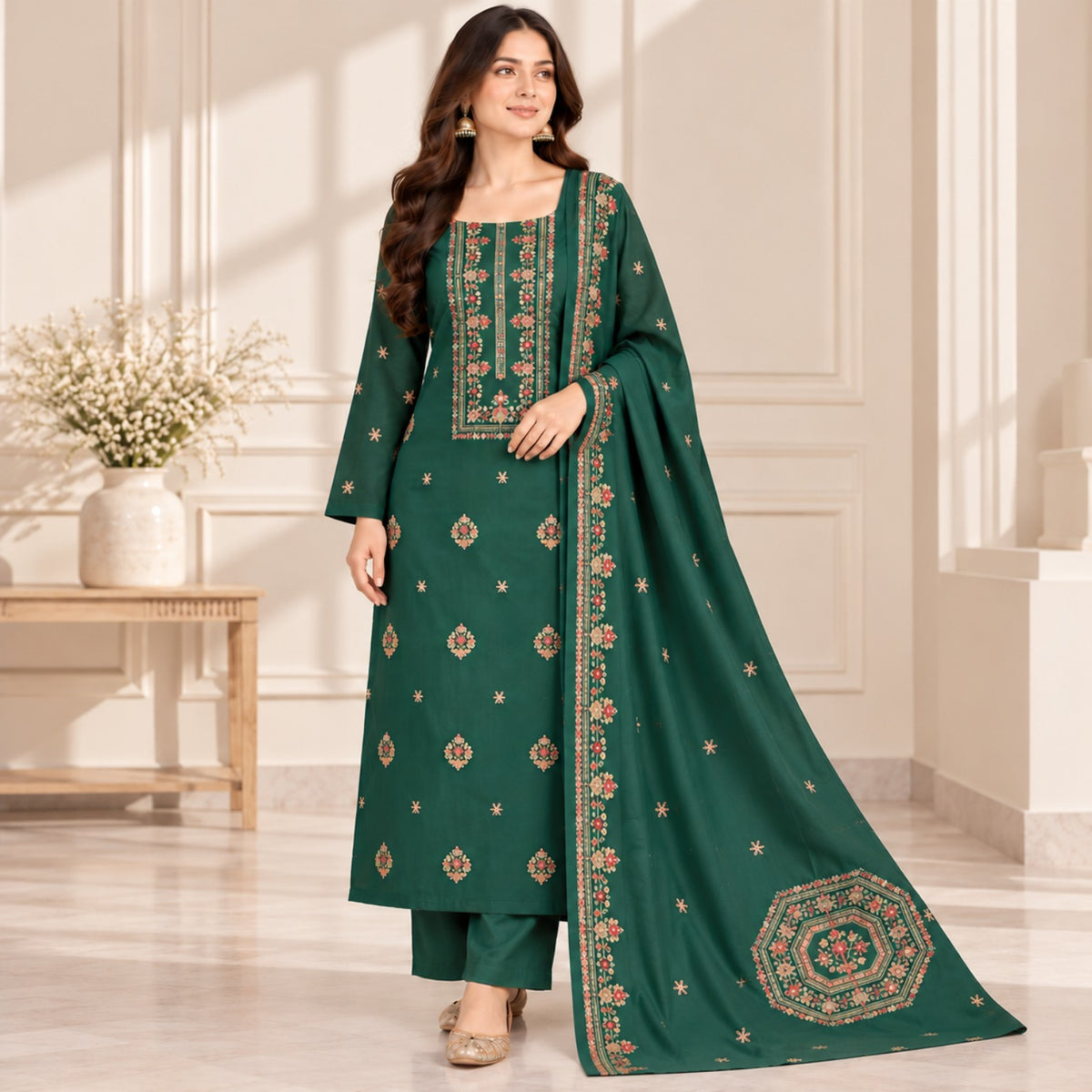 Emerald Green Dhanak Embroidered 3-Piece Suit — Design 10093 | TANIAZE
