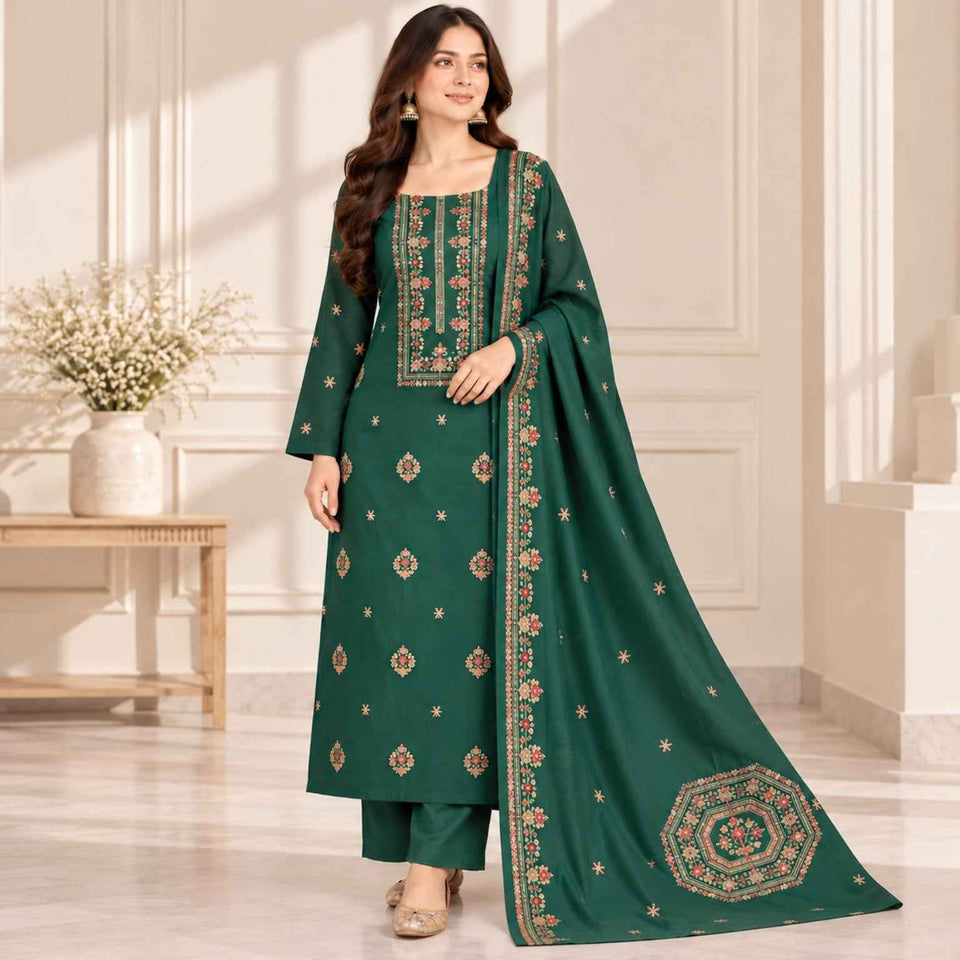Emerald Green Dhanak Embroidered 3-Piece Suit — Design 10093 | TANIAZE