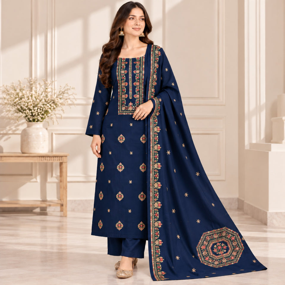 Navy Blue Dhanak Embroidered 3-Piece Suit — Design 10094 | TANIAZE