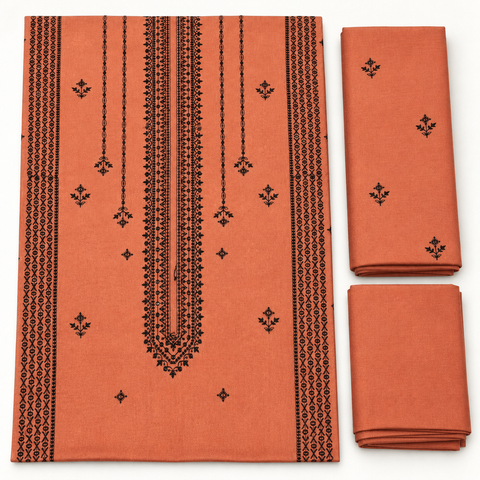 Rusty Orange Karandi Embroidered 2-Piece Suit – WKU-124 — unstitched fabric flat lay