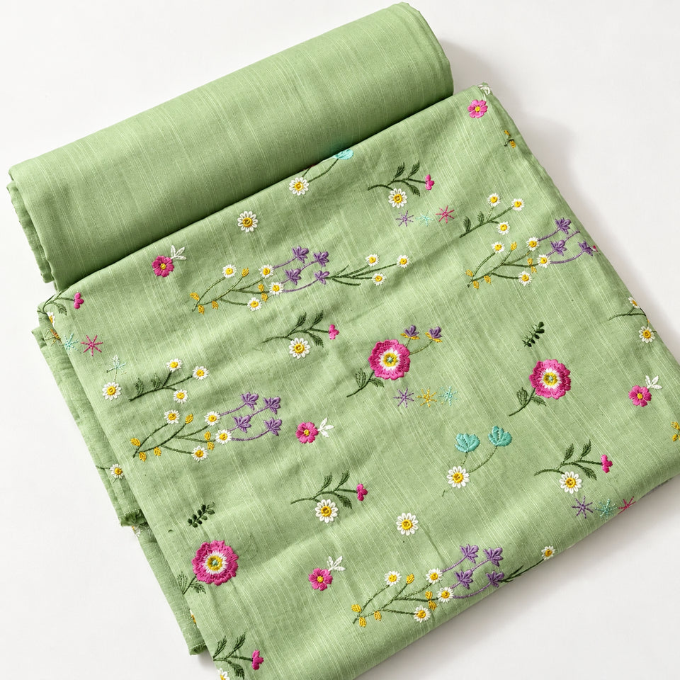 Pista Green Khaddar Embroidered 2-Piece Suit – Design 10108 — natural flat lay of embroidered shirt and plain trouser | TANIAZE