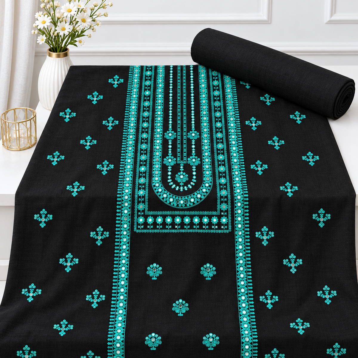 TANIAZE Khaddar embroidered 2-piece suit design 283, embroidered shirt and matching plain trouser, flat lay