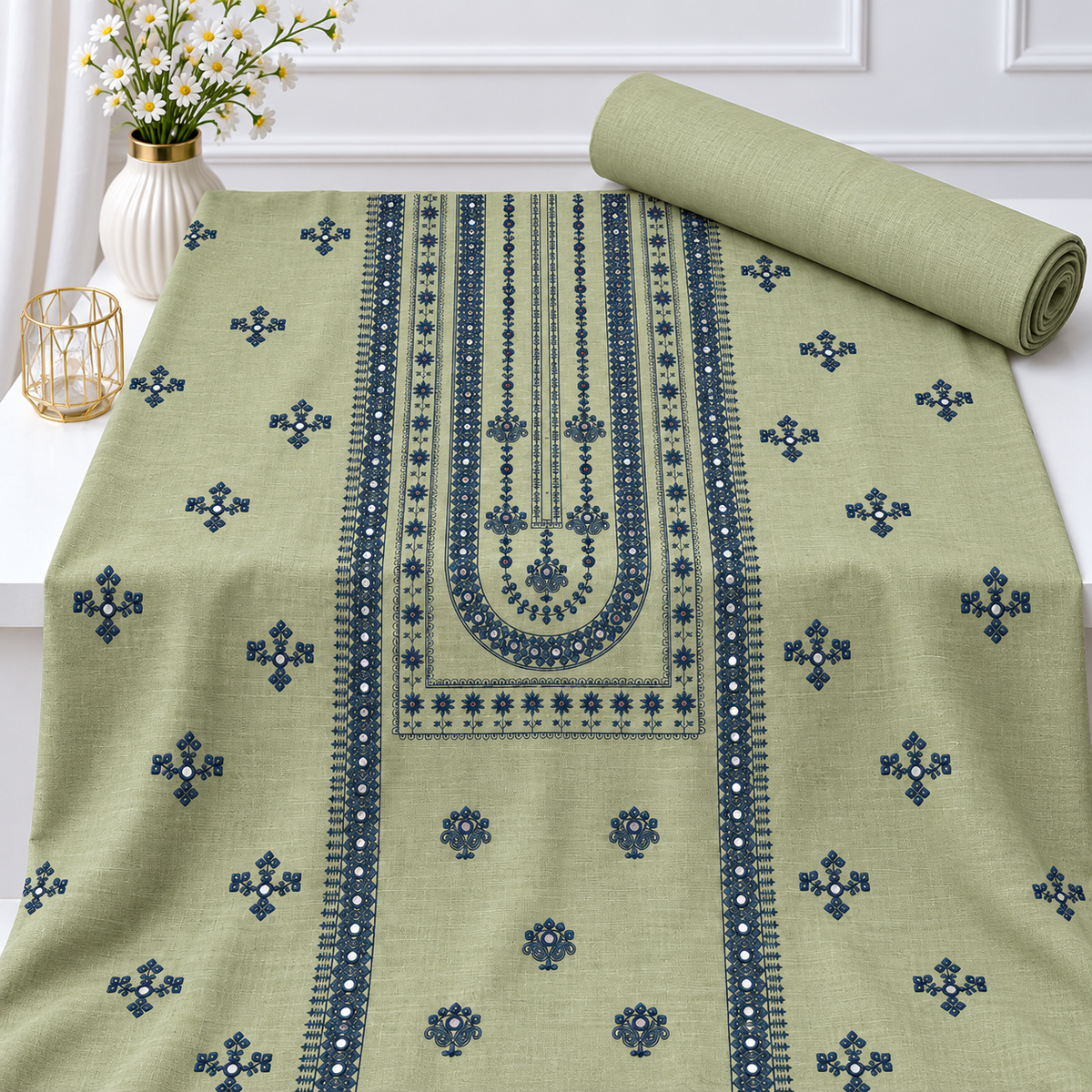 TANIAZE Khaddar embroidered 2-piece suit design 284, embroidered shirt and matching plain trouser, flat lay