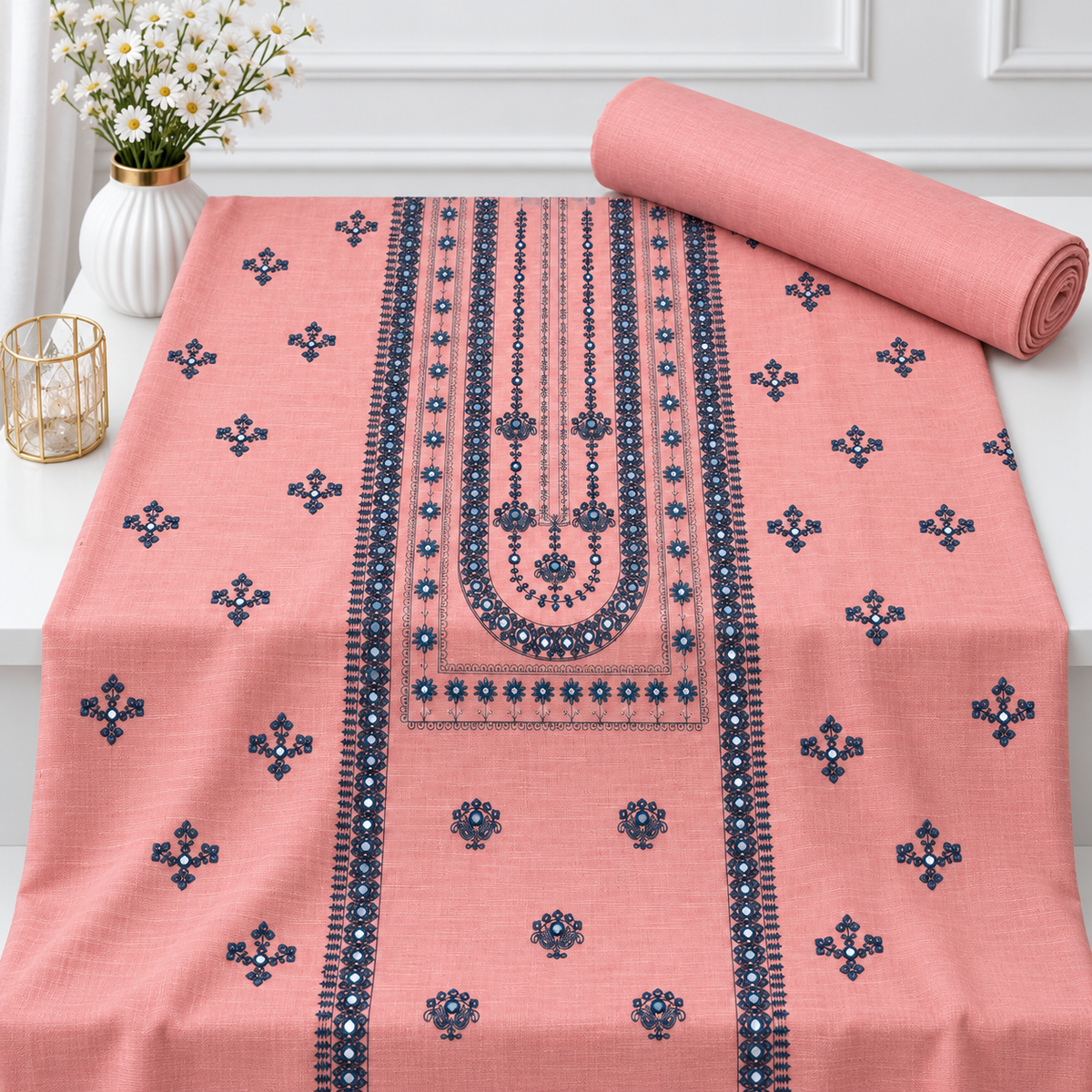 TANIAZE Khaddar embroidered 2-piece suit design 286, embroidered shirt and matching plain trouser, flat lay