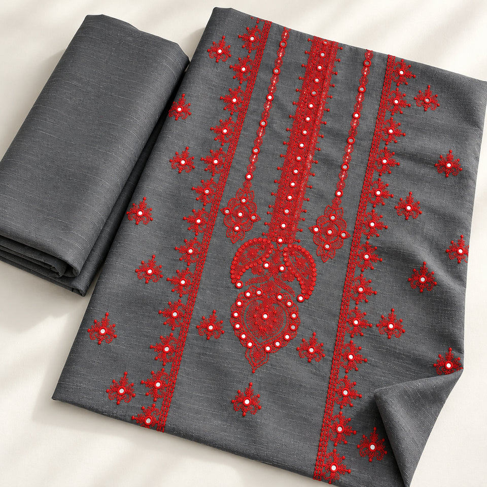 Grey Khaddar Embroidered 2-Piece Suit – Design 313 — natural flat lay of embroidered shirt and plain trouser | TANIAZE