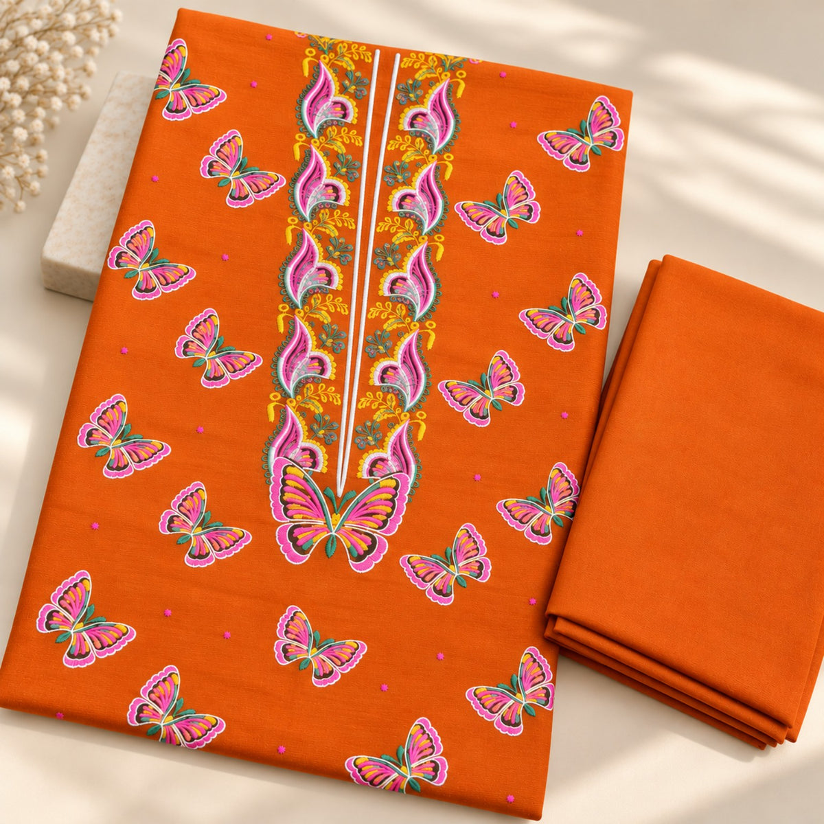 Orange butterfly embroidered Khaddar 2-piece suit — Design 10095 | TANIAZE