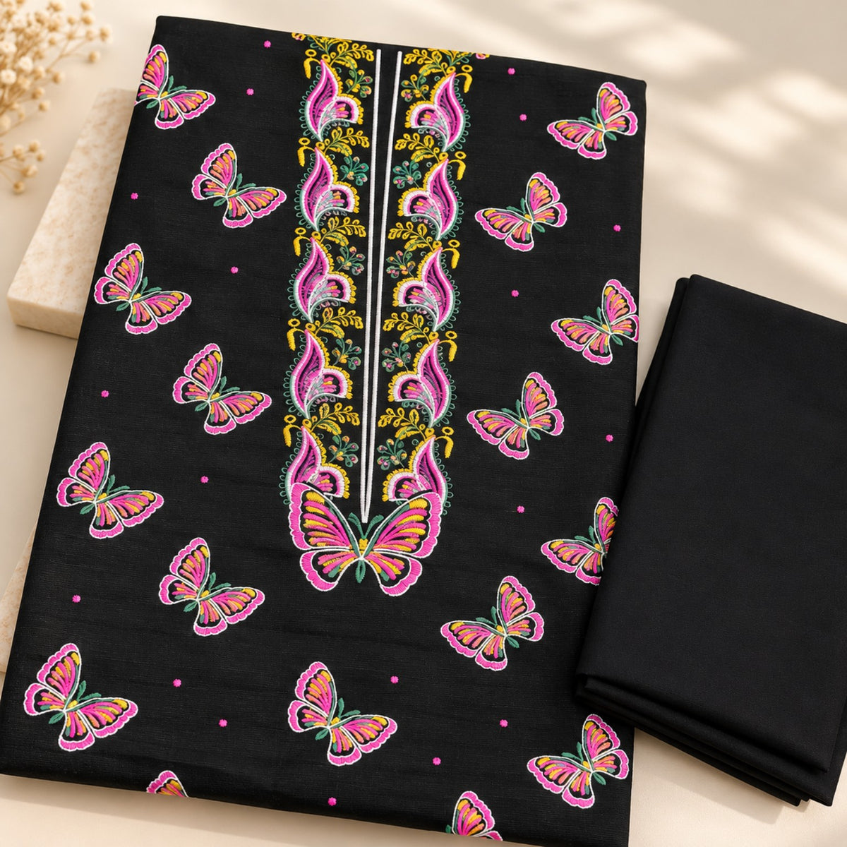Black butterfly embroidered Khaddar 2-piece suit — Design 10096 | TANIAZE