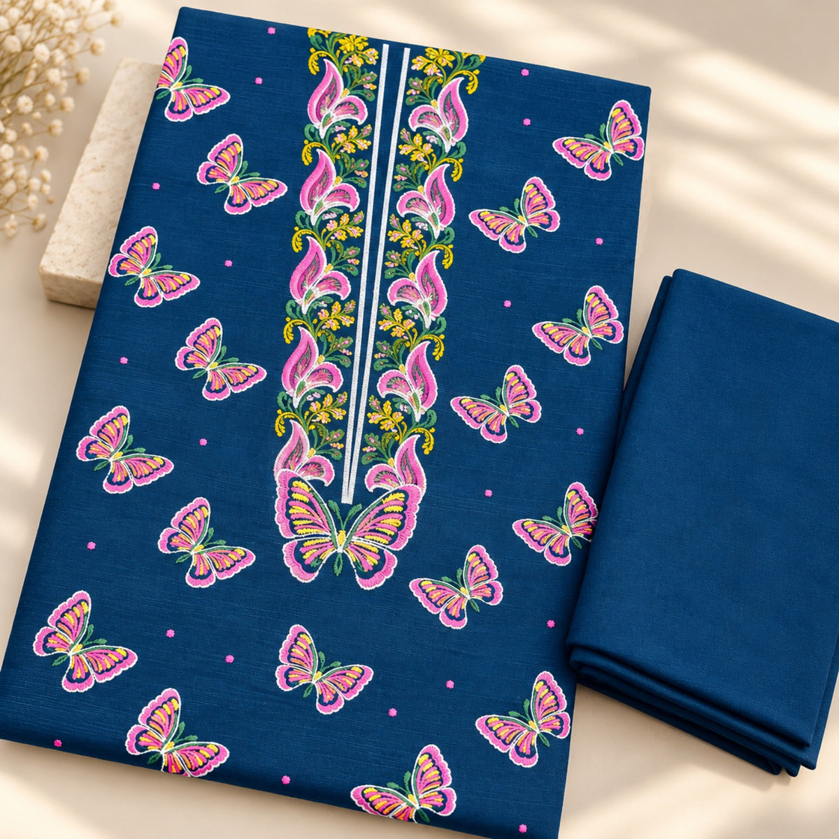 Peacock Blue butterfly embroidered Khaddar 2-piece suit — Design 10097 | TANIAZE