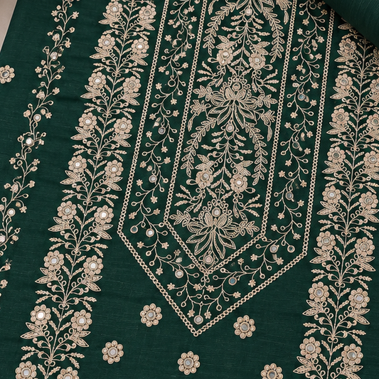 Bottle Green Khaddar Embroidered 2-Piece Suit – Design 263 — embroidered front detail | TANIAZE
