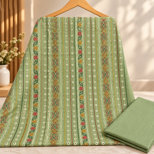 Pista Green Khaddar Embroidered 2-Piece Suit – Design 330 — unstitched embroidered shirt and plain trouser | TANIAZE